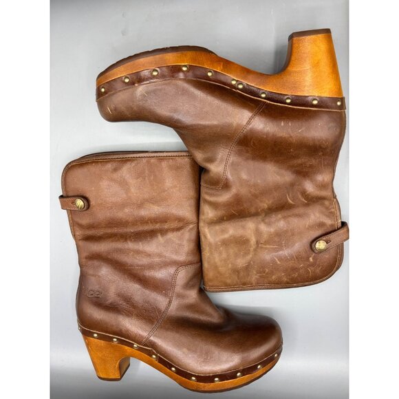 UGG Womens Boots 7 Lynnea Brown Leather Mid Calf Heeled Clog Boots - Picture 6 of 10